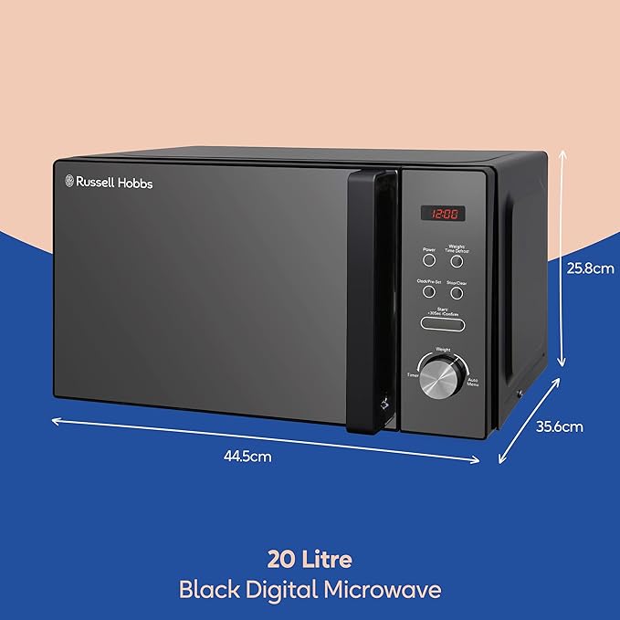 Black 20L Digital Solo Microwave | 800W Power | 5 Adjustable Levels | Auto Defrost & 8 Pre-Set Cooking Modes | Built-In Clock & Timer | Effortless Cleaning